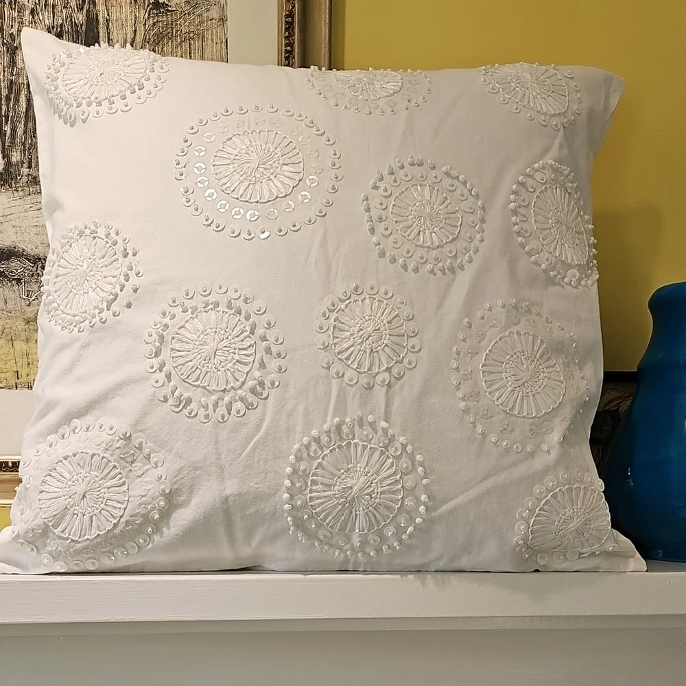 West Elm White w/Sequence & Embroidery 16x16 Pillow Cover Nwt